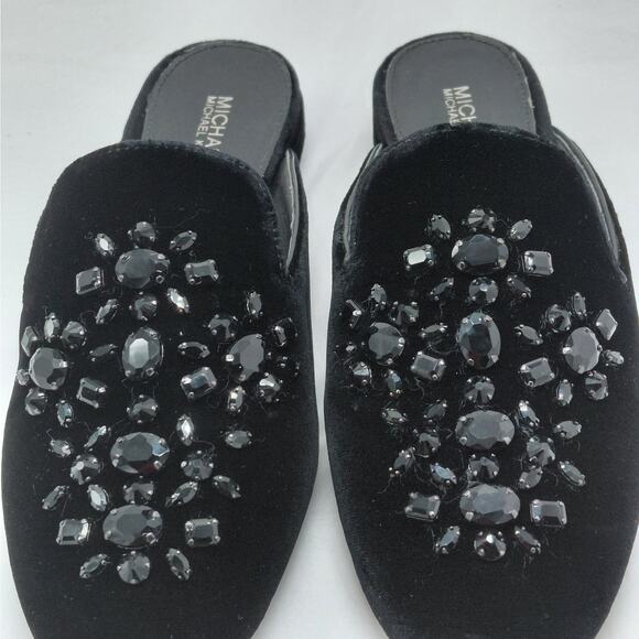 MICHAEL Michael Kors Womens Velvet Mules Size 6.5 Black Crystal Slide Glam - Picture 8 of 10
